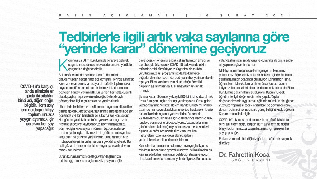 Koronavirüs Bilim Kurulu Toplantısına İlişkin Açıklama (16.02.2021)